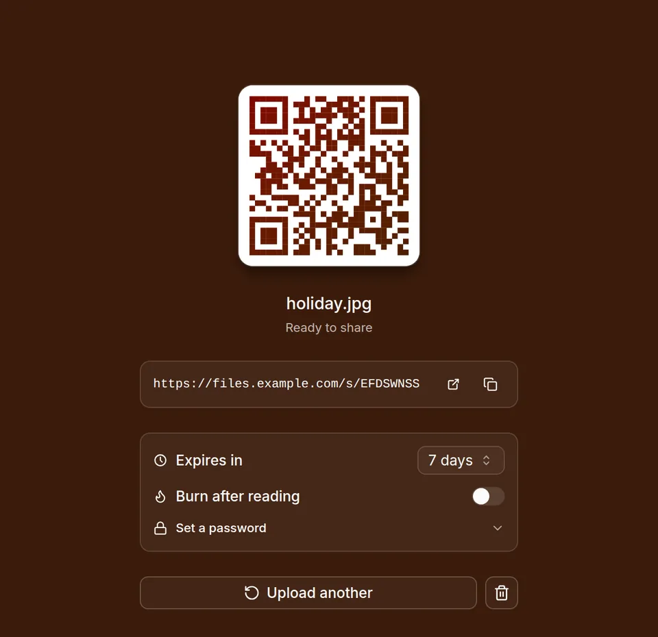 The result after uploading: QR code, link and share settings